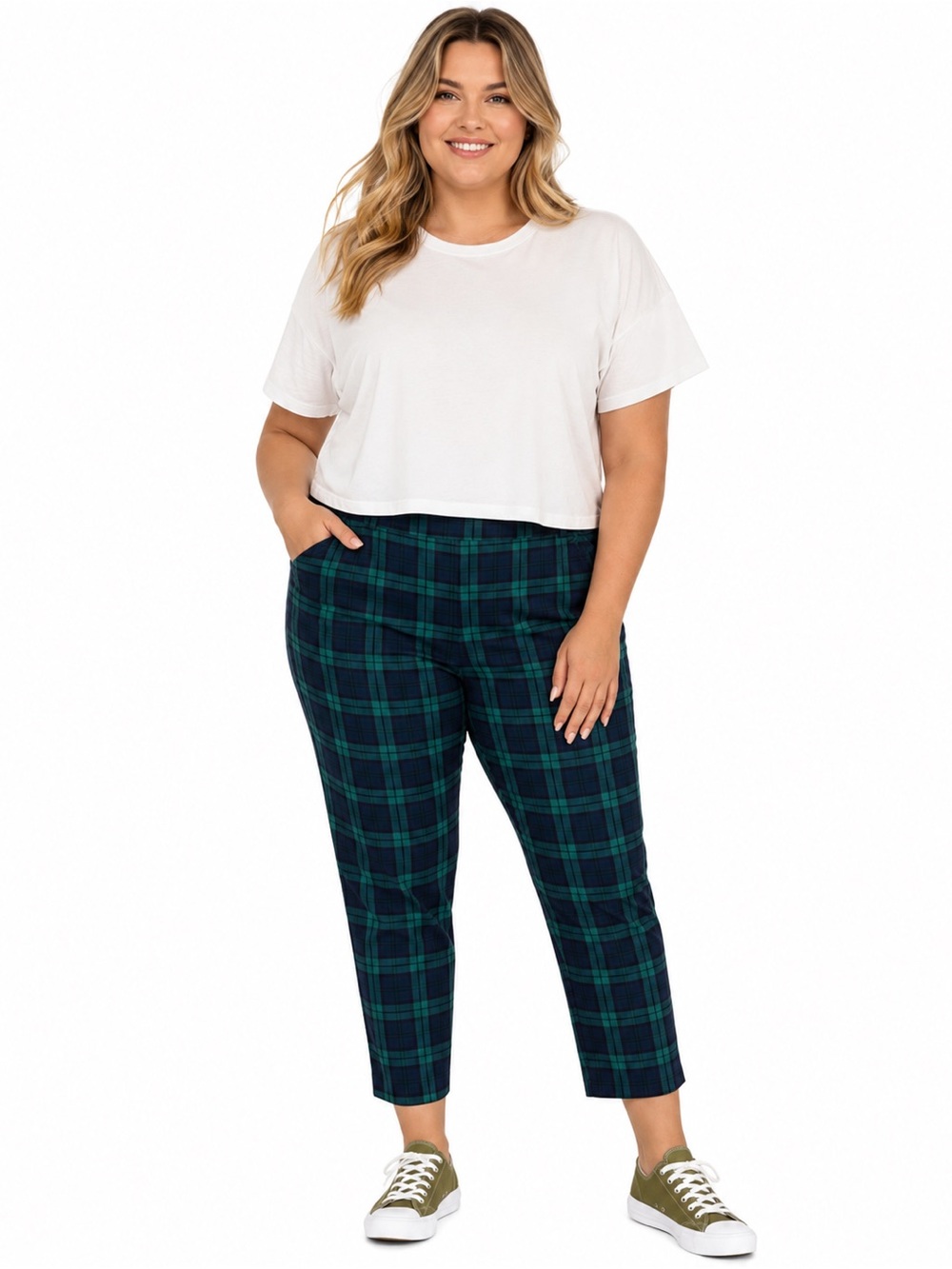 Just My Size Millennium Slim Pants Womens 3X 22W 24W Green Blue Plaid Stretch